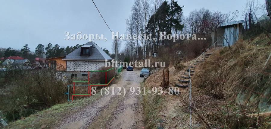 Забор из профнастила, подвесные ворота, калитка, навес