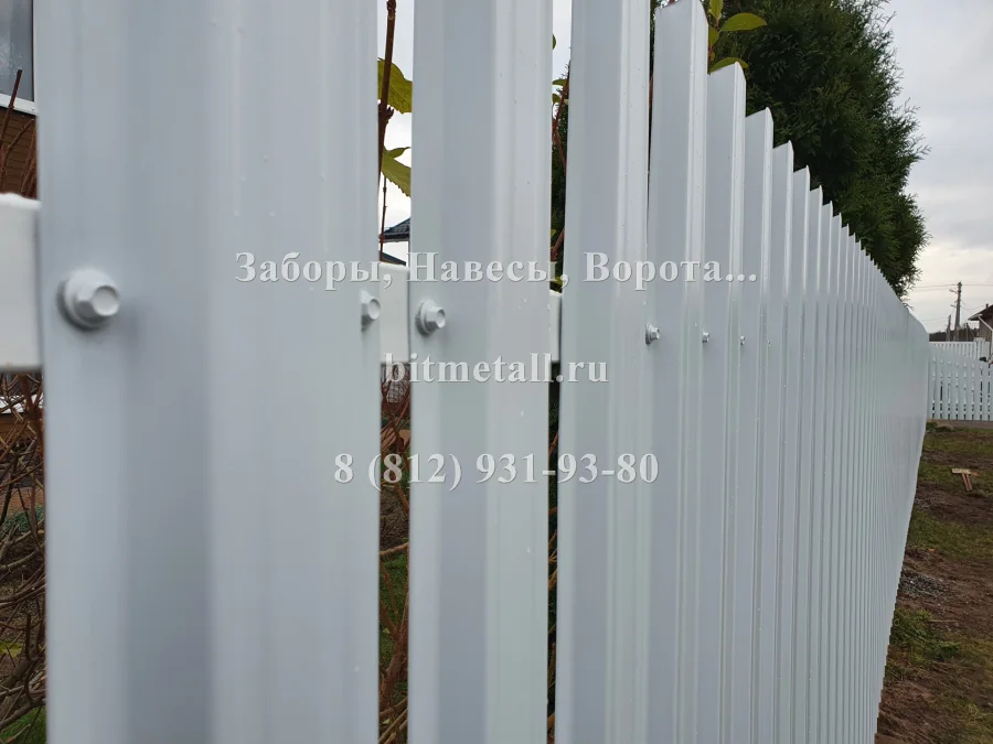 Забор из белого евроштакетника. Ворота и калитка. Поселок им. Морозова.
